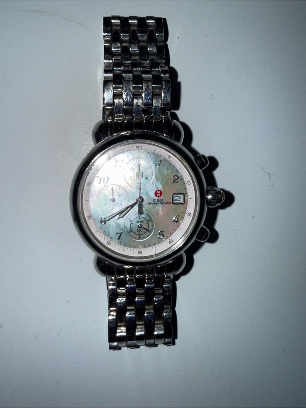 Michele Swiss Legend Silver Bracelet Chronograph Watch with Mother-of-Pearl Dial